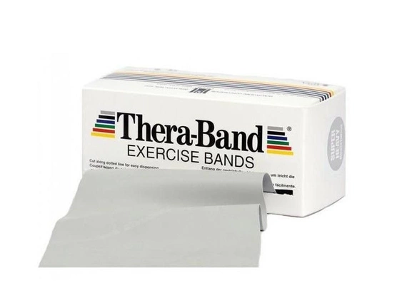 Taśma rehabilitacyjna Thera-Band 2,5m z ćwiczeniami (opór super mocny - srebrna)